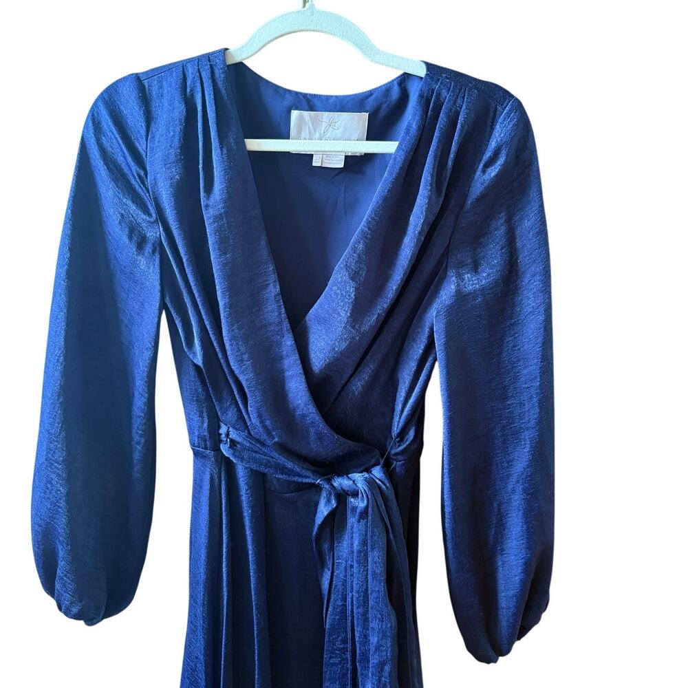 Gal Meets Glam Jennifer Navy Midi Satin Ruffle Wrap Hi Low Dress Size 2 - Picture 8 of 11